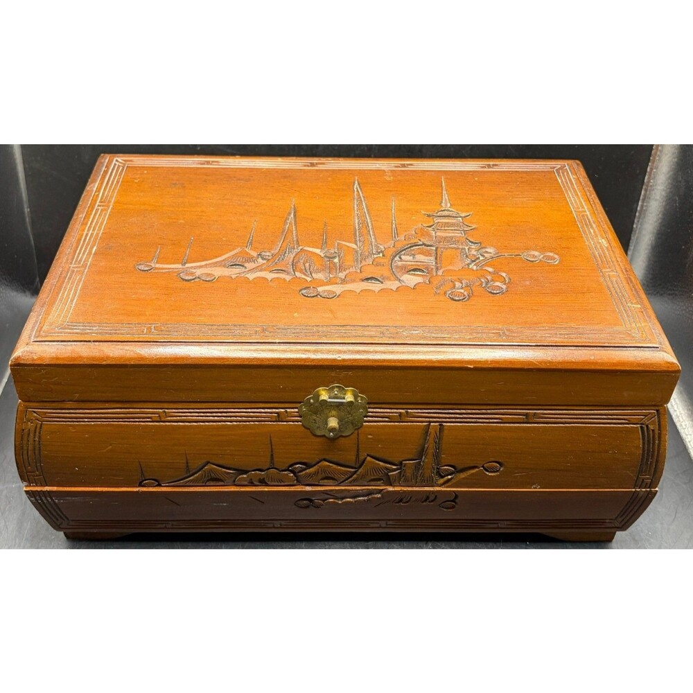 Carved Wooden Jewelry Box With Brass Handles 6”H x 14”L x 9”W